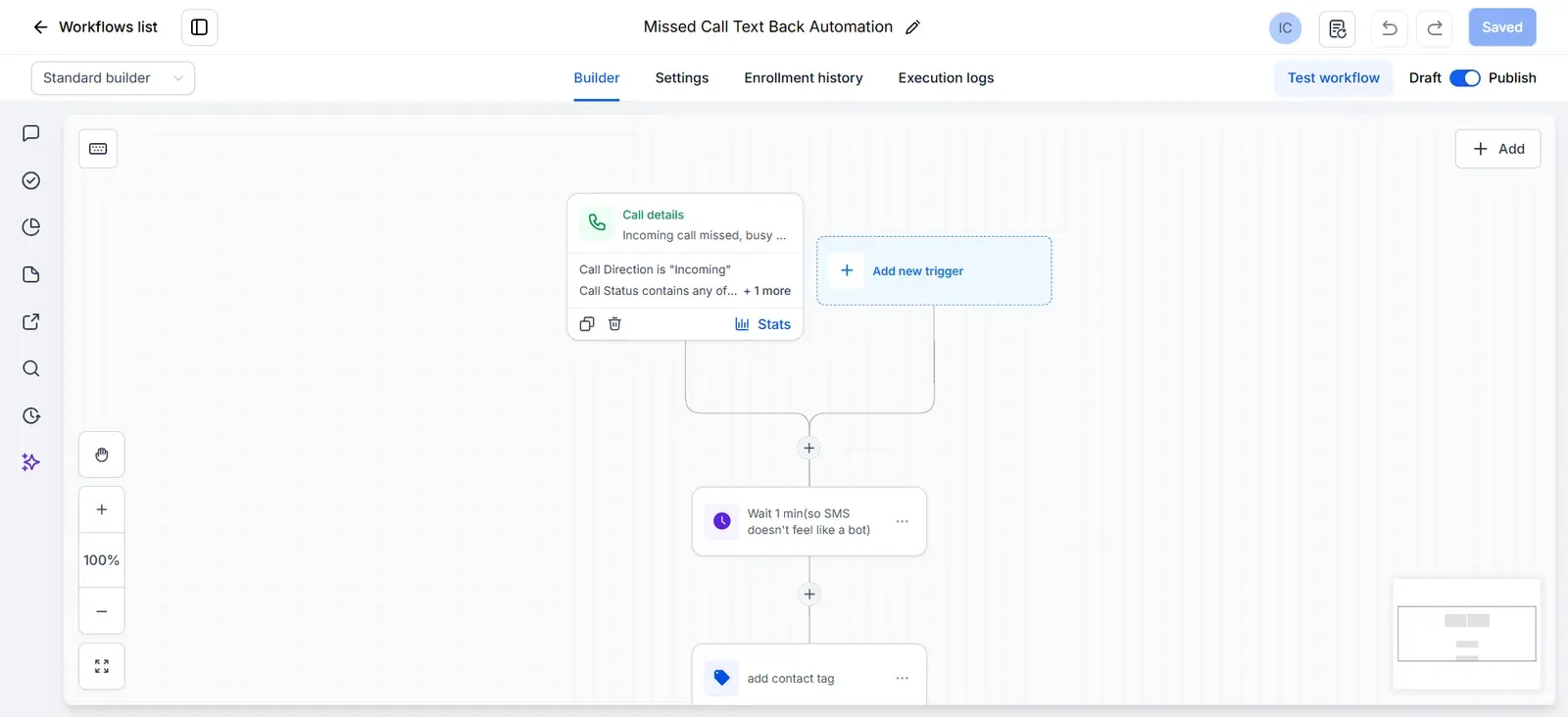 Missed call text-back workflow in the builder