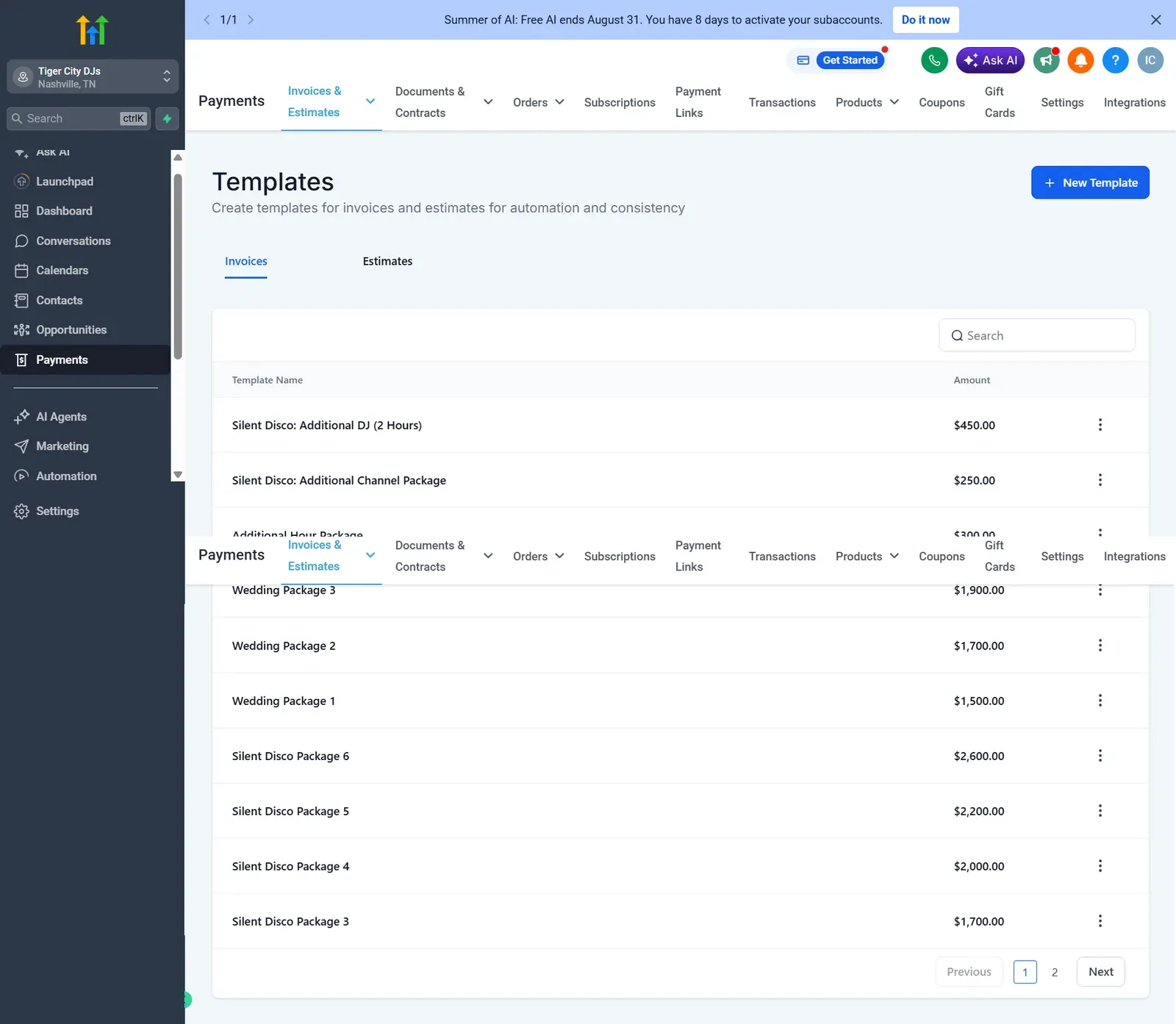 Invoice templates list