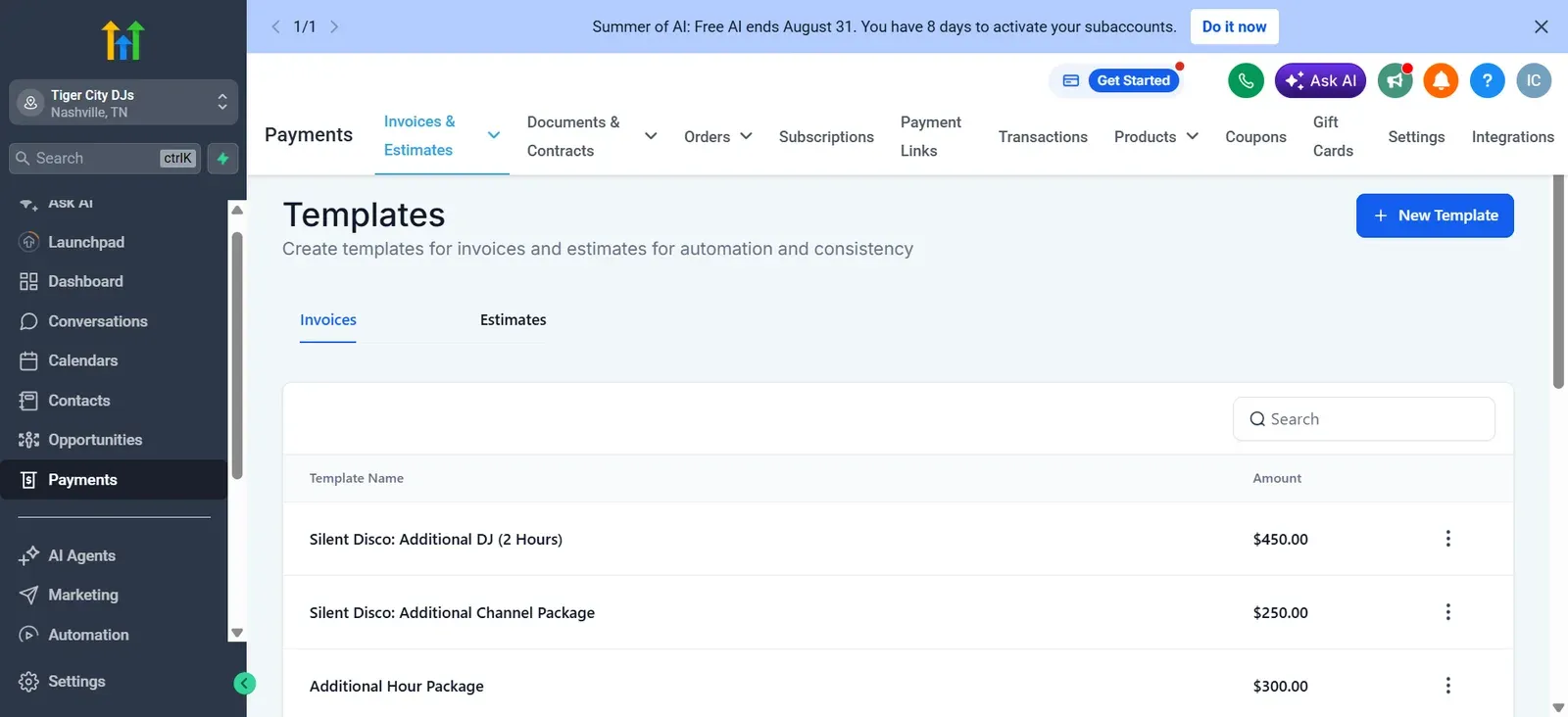 Invoice templates for add-on packages