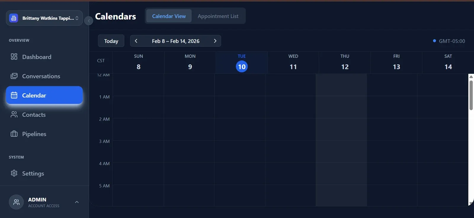 Calendar screen with weekly view and time zone