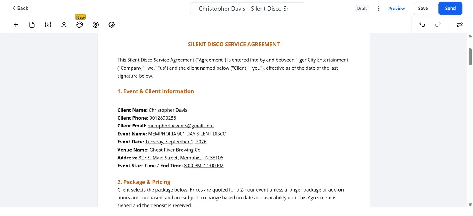 Silent disco service agreement in the document editor
