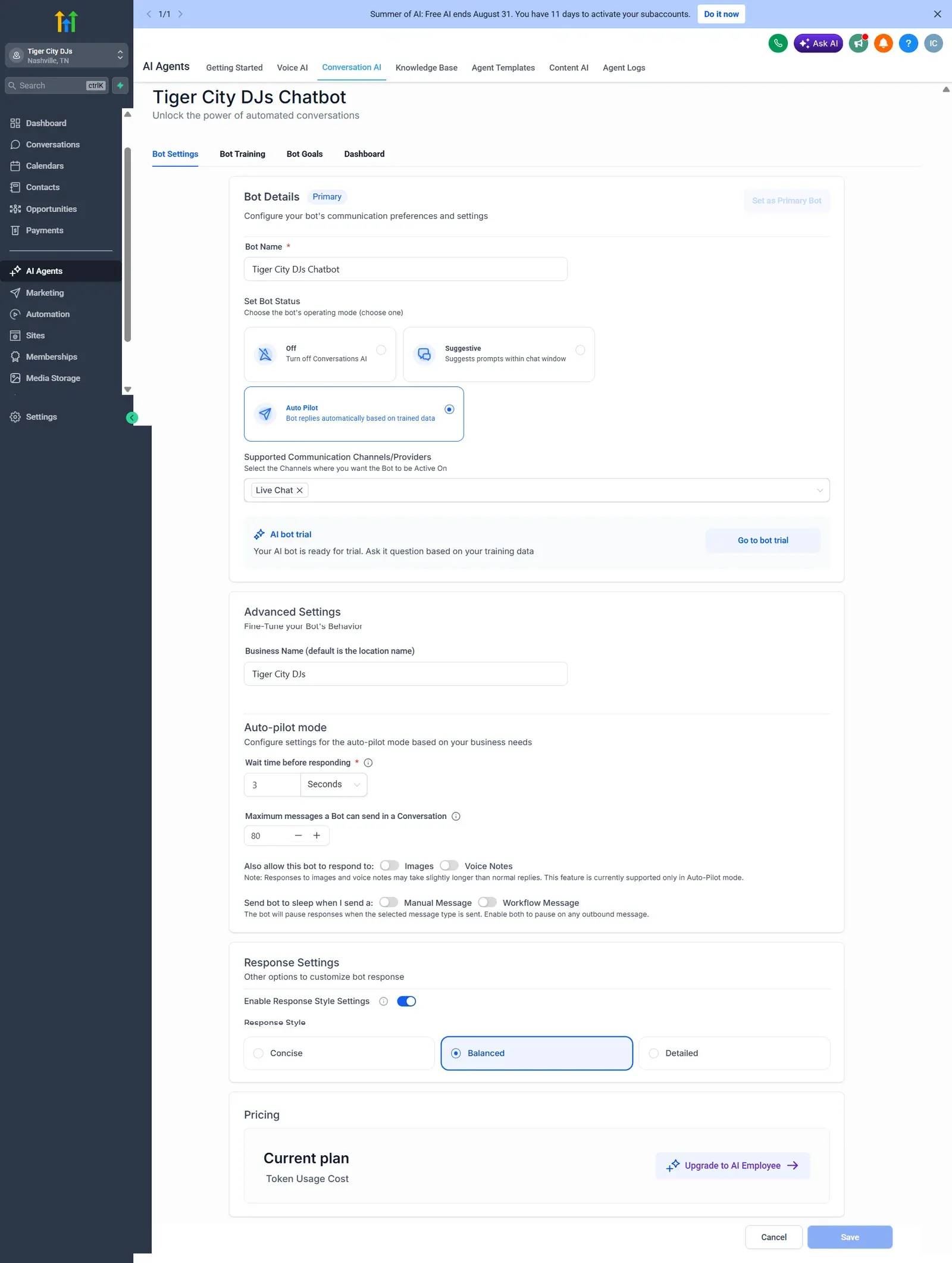 AI chatbot configuration screen