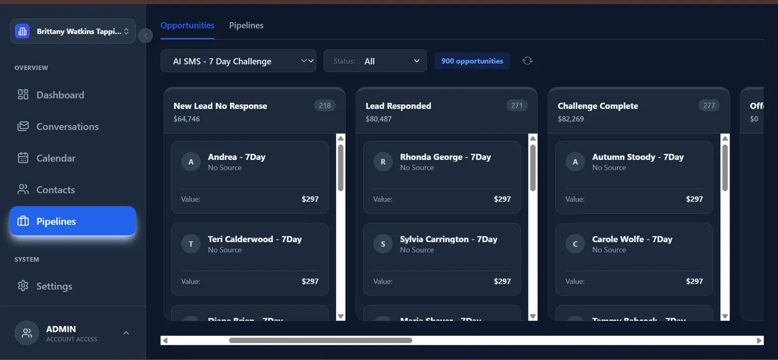 Pipelines screen showing opportunity stages and deal values