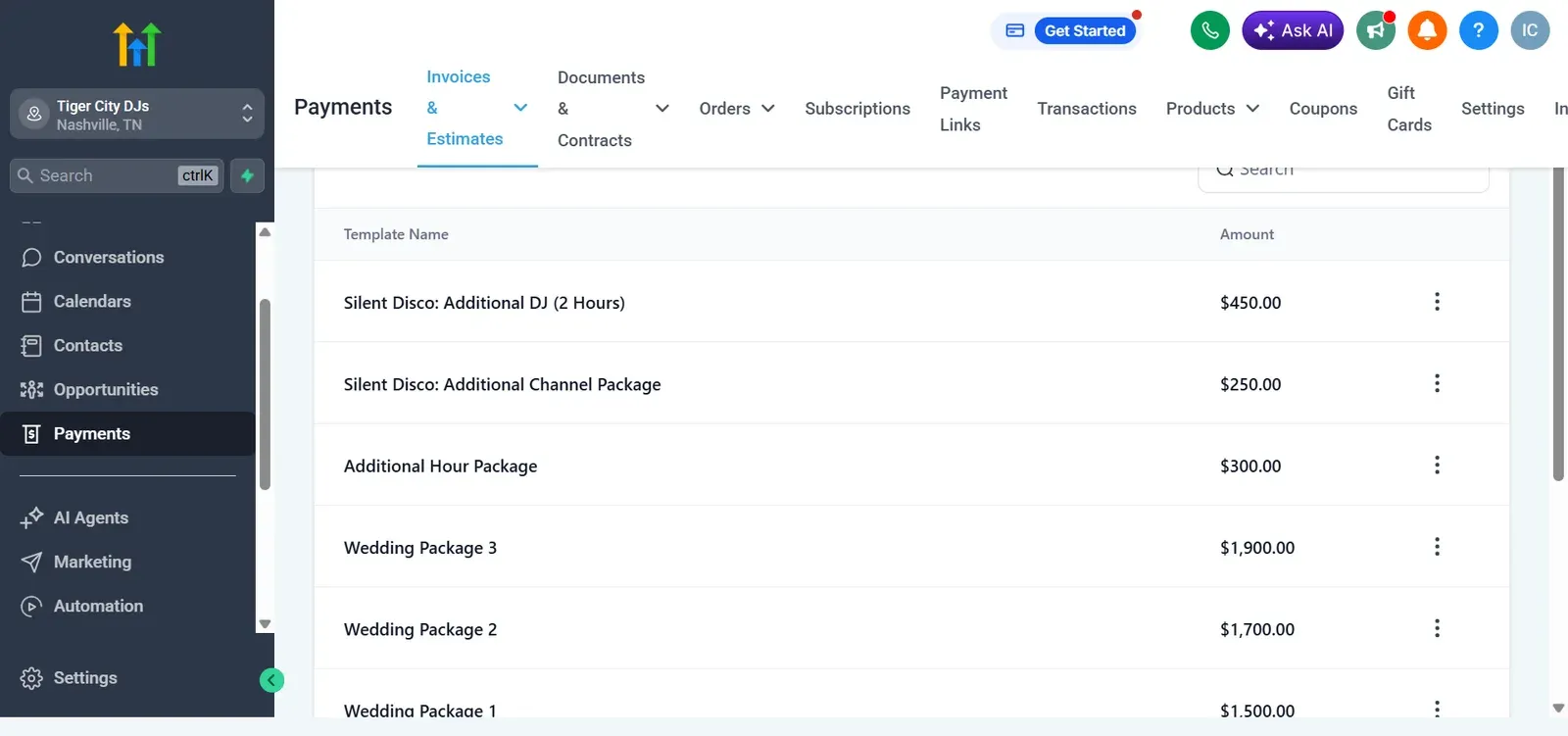 Invoice template list with packages