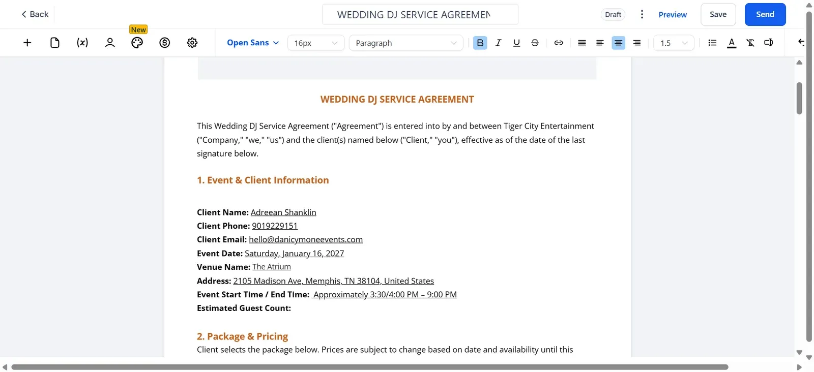 Wedding DJ service agreement in the document editor